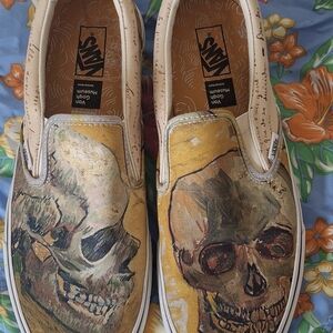 Vans Artistic Skull Print Slip-On Shoes - Tan and Yellow